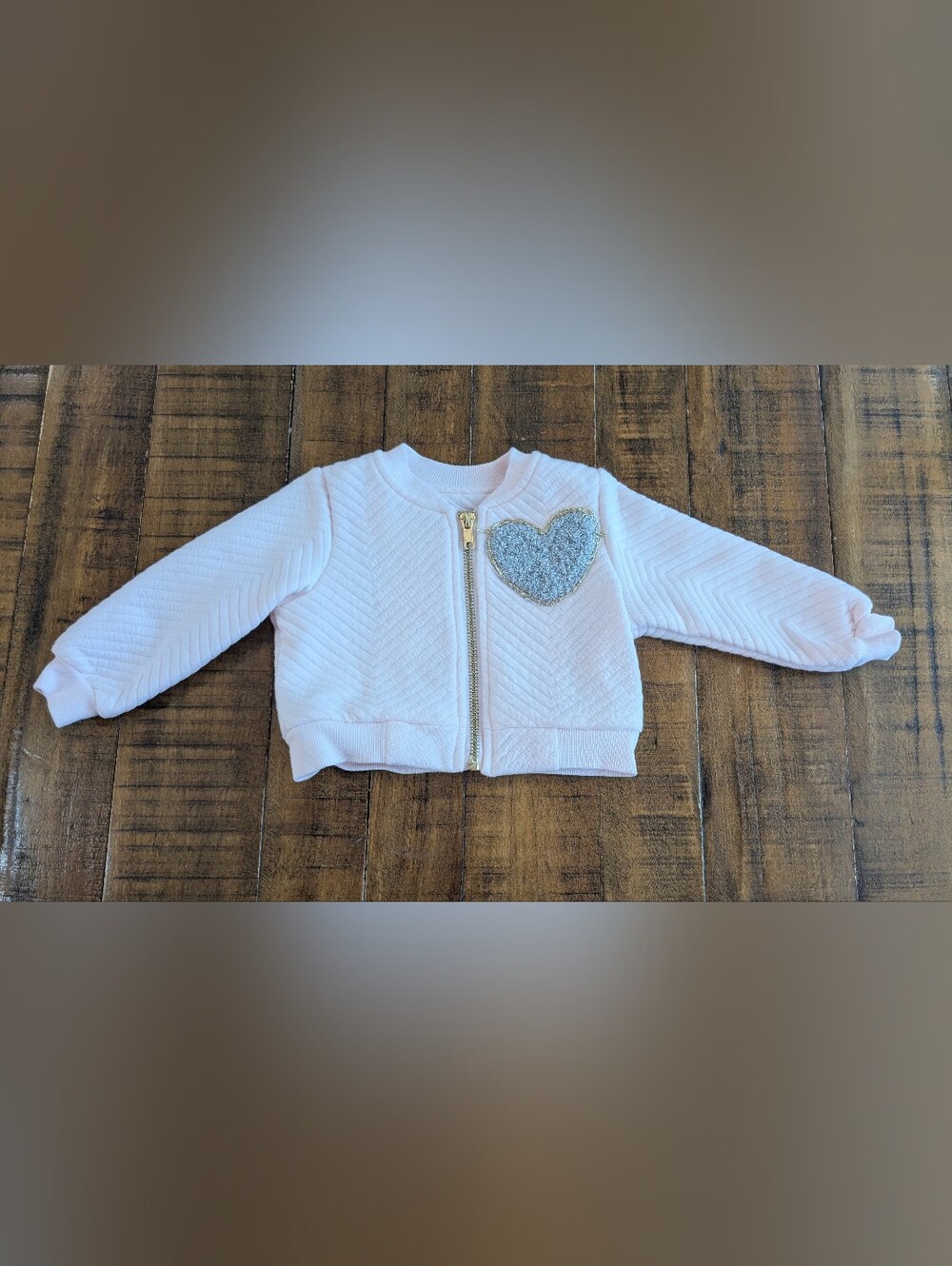 Pippa & Julie Light Pink Quilted Jacket with Silver Heart Patch, 9m, Excellent